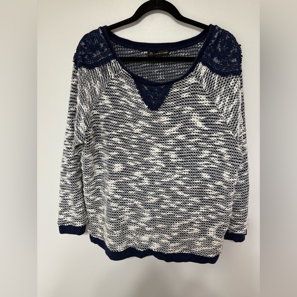 Women's Navy and White Knit Sweater with Lace Detail
